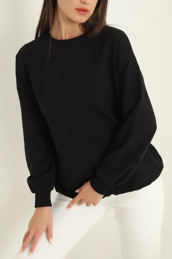 Kadın Bisiklet Yaka Oversize Sweatshirt Siyah - 26567 - 3