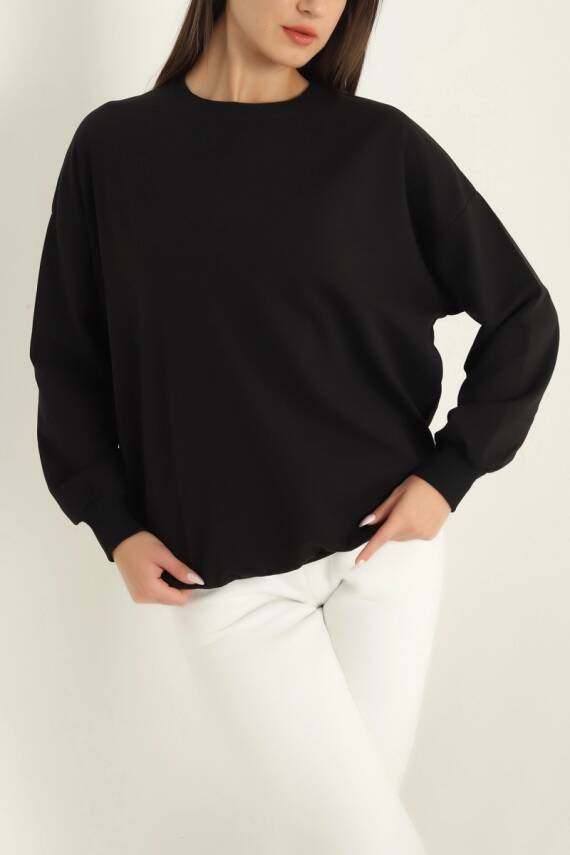 Kadın Bisiklet Yaka Oversize Sweatshirt Siyah - 26567 - 4