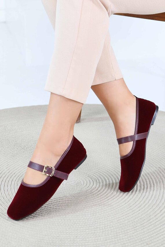 Kadın Bordo Kemerli Süet Babet - 27791-BORDO - 1