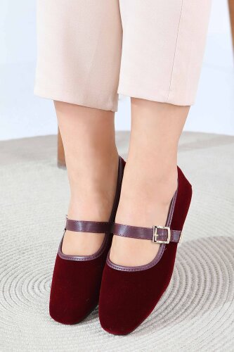 Kadın Bordo Kemerli Süet Babet - 27791-BORDO - 2