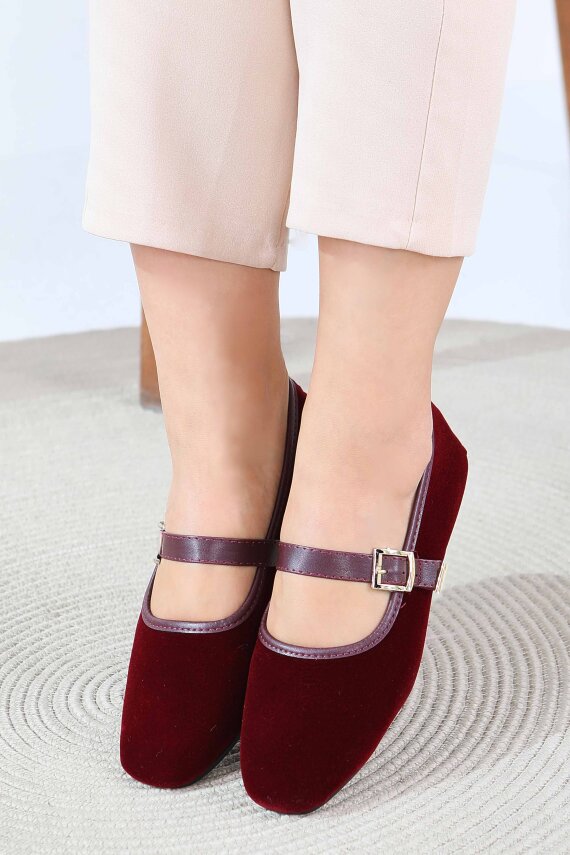 Kadın Bordo Kemerli Süet Babet - 27791-BORDO - 2