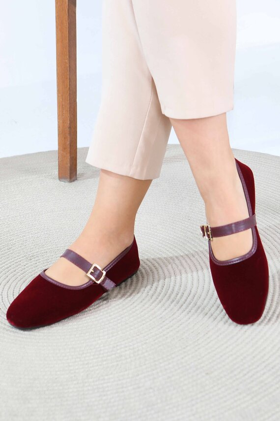 Kadın Bordo Kemerli Süet Babet - 27791-BORDO - 3