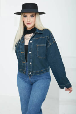 Kadın Çift Cepli Crop Kot Ceket Koyu Mavi - 26573 