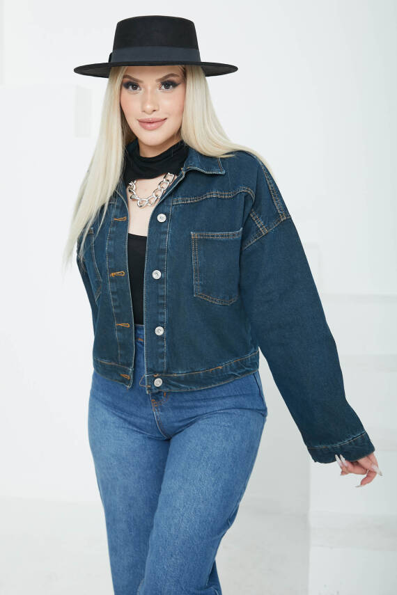 Kadın Çift Cepli Crop Kot Ceket Koyu Mavi - 26573 - 1