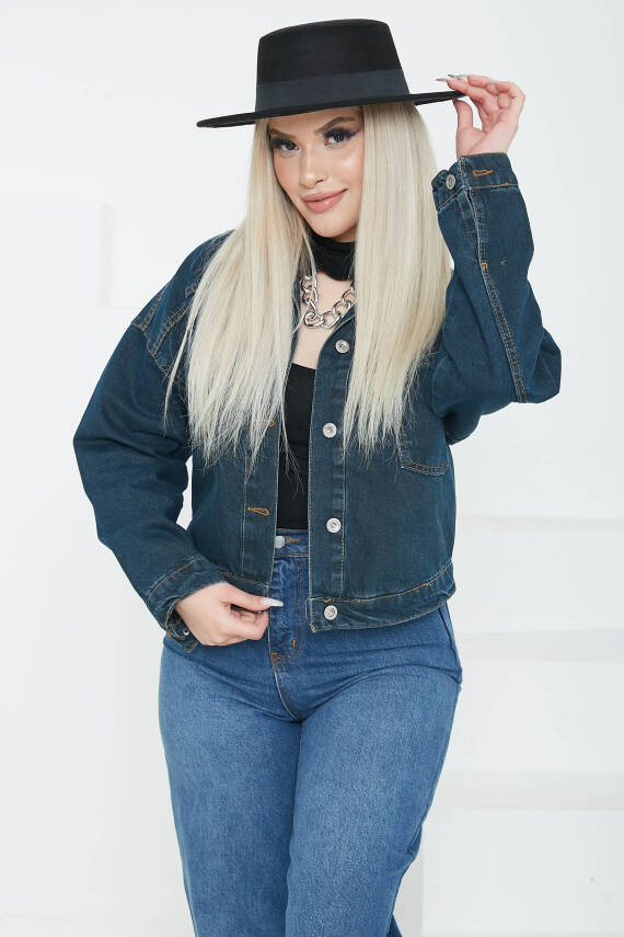 Kadın Çift Cepli Crop Kot Ceket Koyu Mavi - 26573 - 5