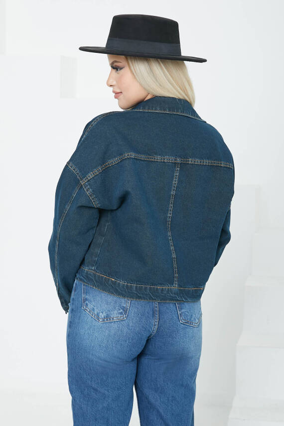 Kadın Çift Cepli Crop Kot Ceket Koyu Mavi - 26573 - 7