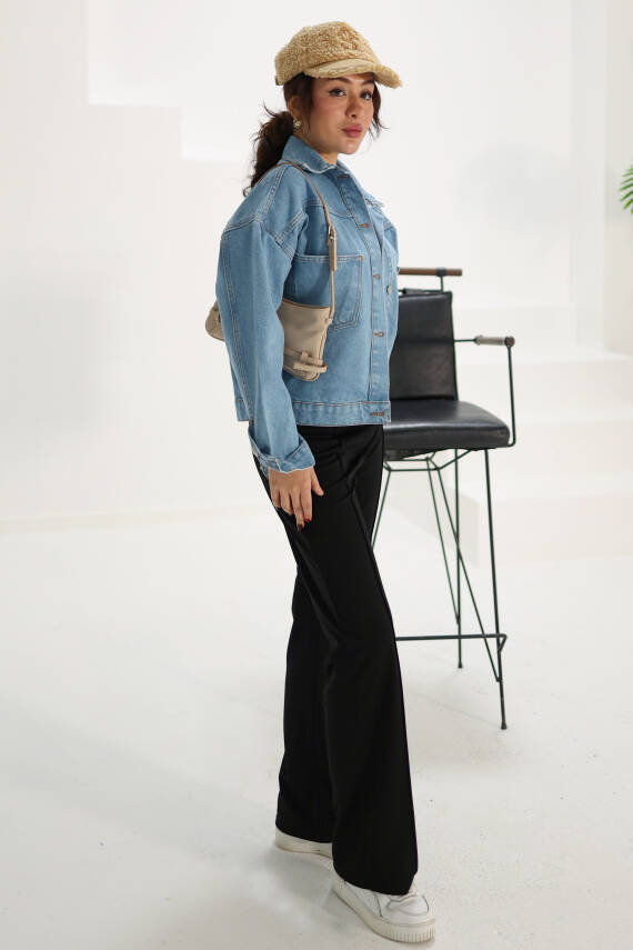 Kadın Çift Cepli Crop Kot Ceket Mavi - 26573 - 5