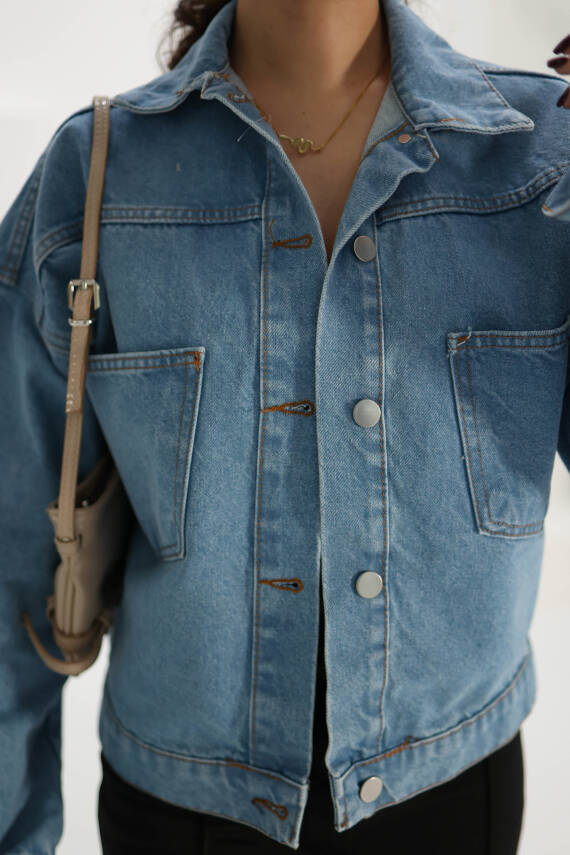 Kadın Çift Cepli Crop Kot Ceket Mavi - 26573 - 7