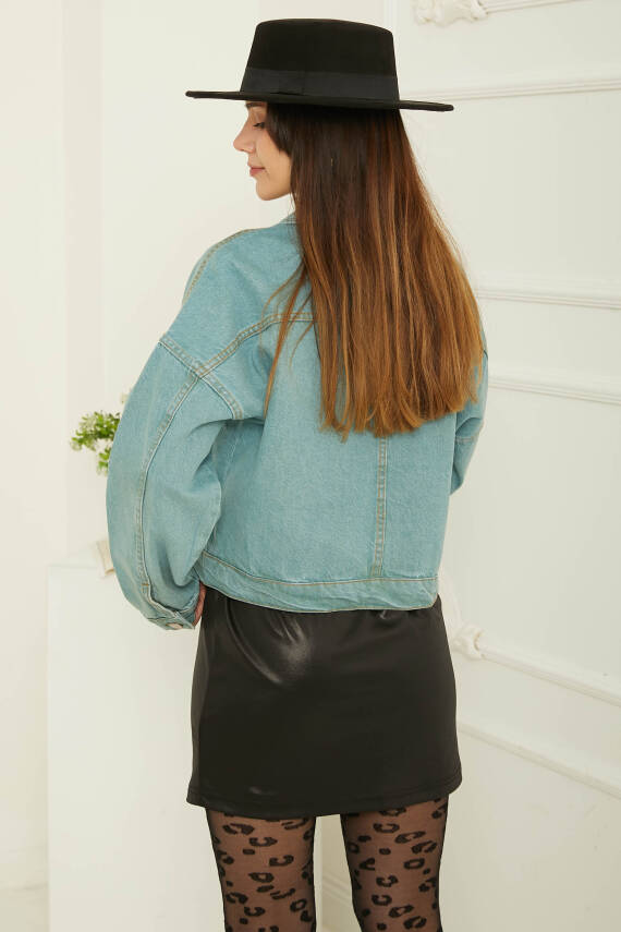 Kadın Çift Cepli Crop Kot Ceket Mavi - 26573 - 8