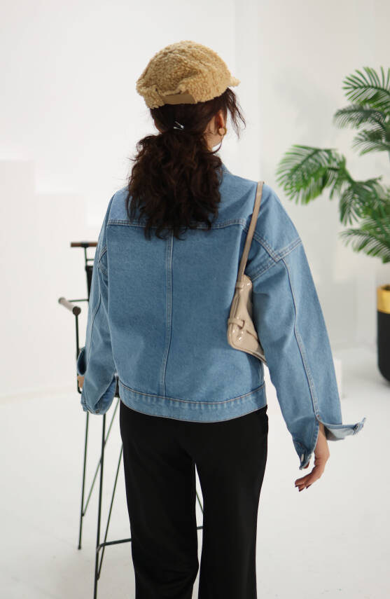 Kadın Çift Cepli Crop Kot Ceket Mavi - 26573 - 10