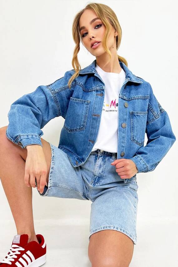 Kadın Çift Cepli Crop Kot Ceket Mavi - 26573 - 11