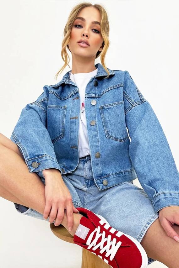 Kadın Çift Cepli Crop Kot Ceket Mavi - 26573 - 12