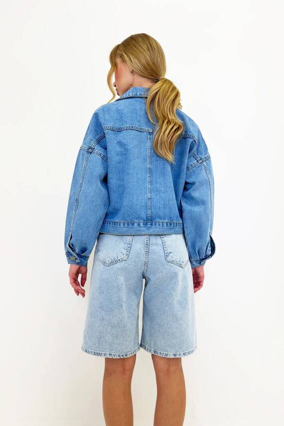 Kadın Çift Cepli Crop Kot Ceket Mavi - 26573 - 15