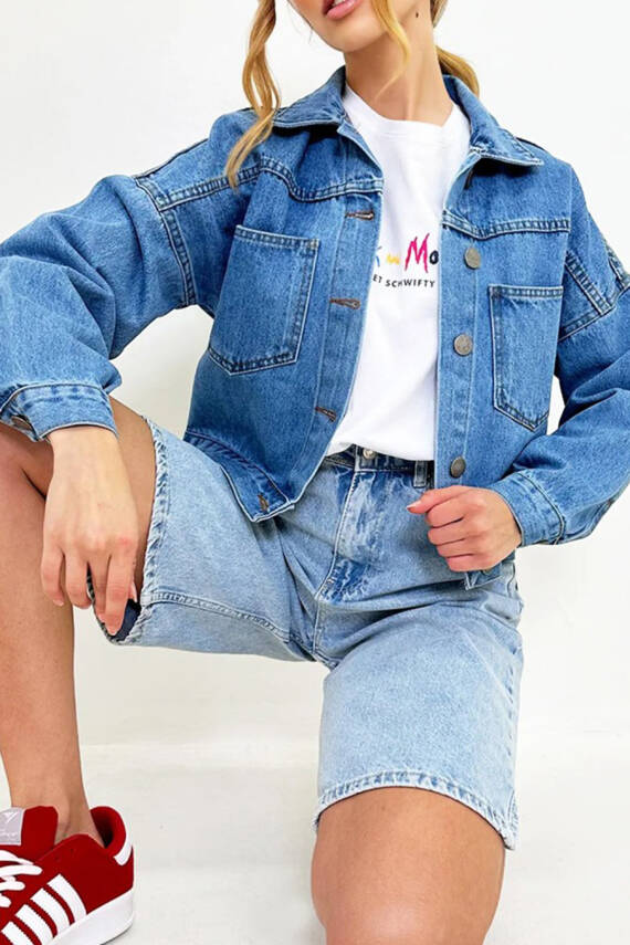 Kadın Çift Cepli Crop Kot Ceket Mavi - 26573 - 17