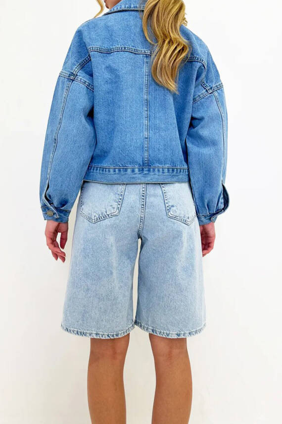 Kadın Çift Cepli Crop Kot Ceket Mavi - 26573 - 18
