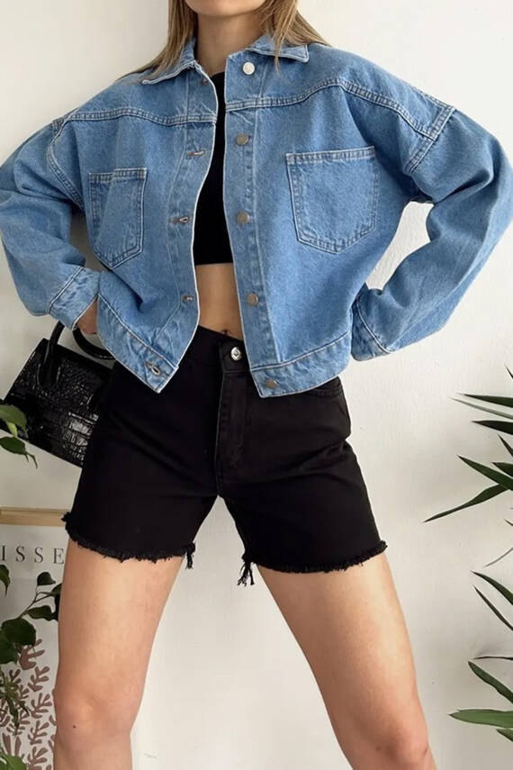 Kadın Çift Cepli Crop Kot Ceket Mavi - 26573 - 20