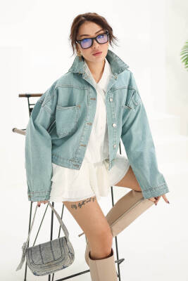 Kadın Çift Cepli Crop Kot Ceket Mint - 26573 