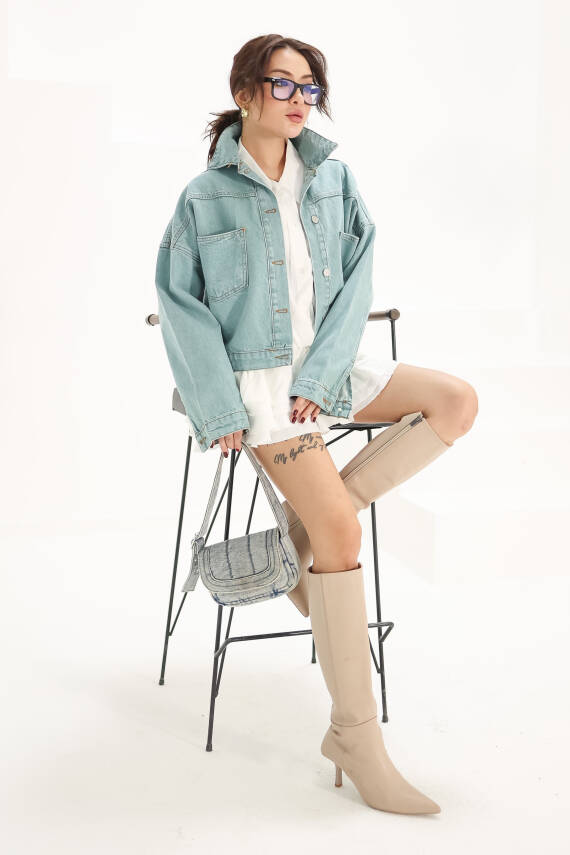 Kadın Çift Cepli Crop Kot Ceket Mint - 26573 - 2