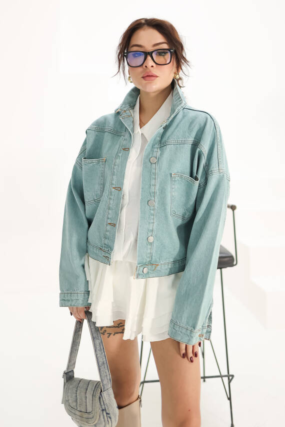 Kadın Çift Cepli Crop Kot Ceket Mint - 26573 - 3