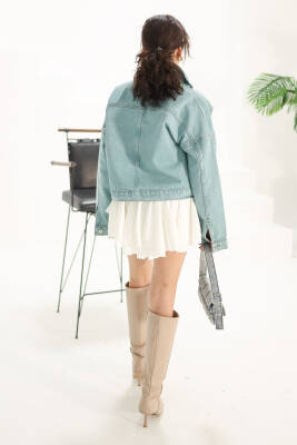 Kadın Çift Cepli Crop Kot Ceket Mint - 26573 - 4
