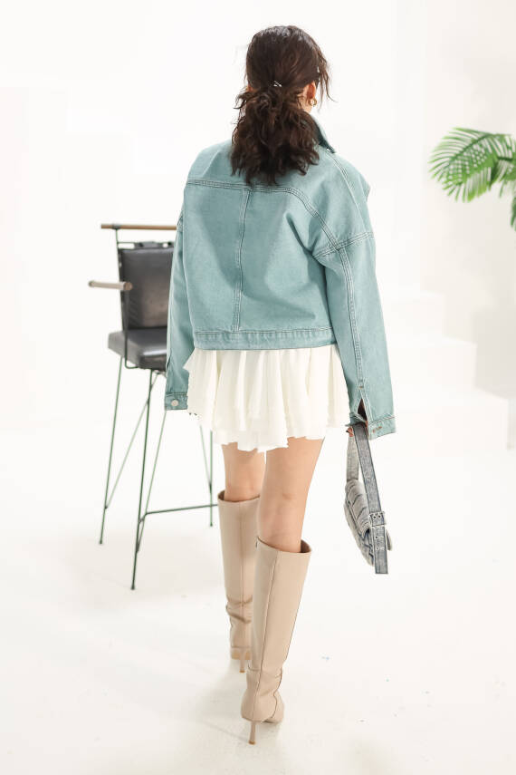 Kadın Çift Cepli Crop Kot Ceket Mint - 26573 - 4