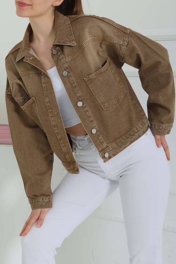 Kadın Çift Cepli Crop Kot Ceket Tint-kahve - 26573 - 3