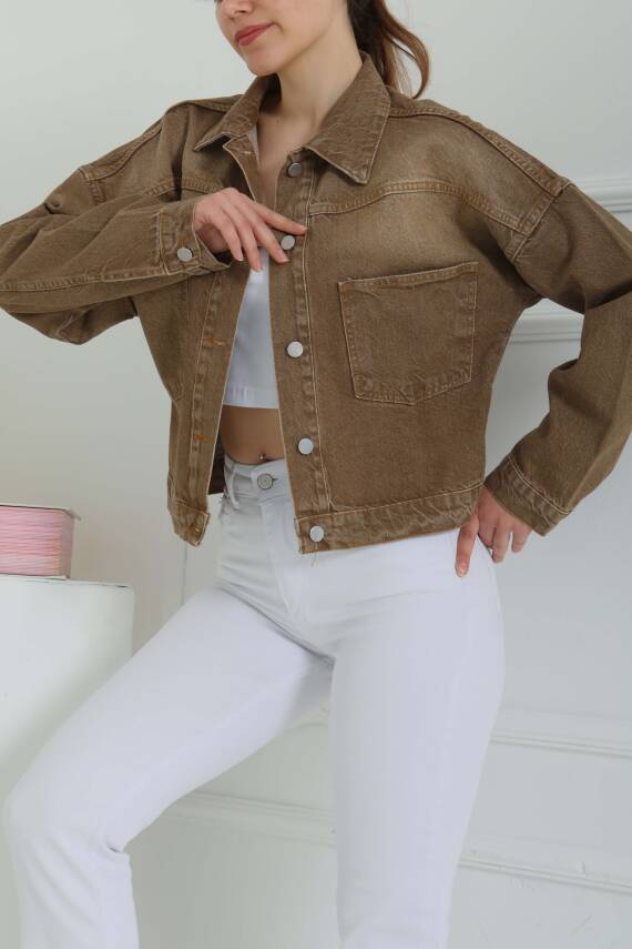 Kadın Çift Cepli Crop Kot Ceket Tint-kahve - 26573 - 4