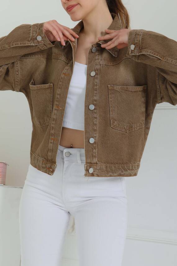 Kadın Çift Cepli Crop Kot Ceket Tint-kahve - 26573 - 5
