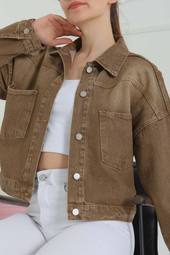 Kadın Çift Cepli Crop Kot Ceket Tint-kahve - 26573 - 6