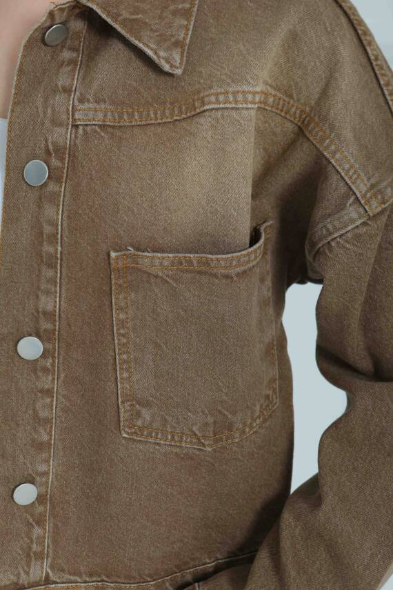 Kadın Çift Cepli Crop Kot Ceket Tint-kahve - 26573 - 7