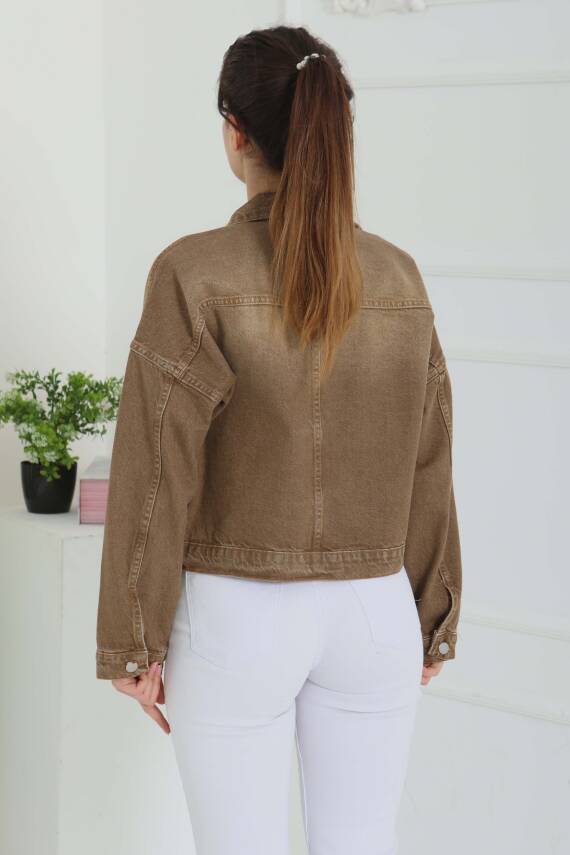 Kadın Çift Cepli Crop Kot Ceket Tint-kahve - 26573 - 8