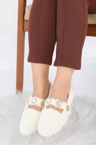 Kadın Ekru İnci Ve Tuğra Detaylı Peluş Babet - 27911-EKRU - 3