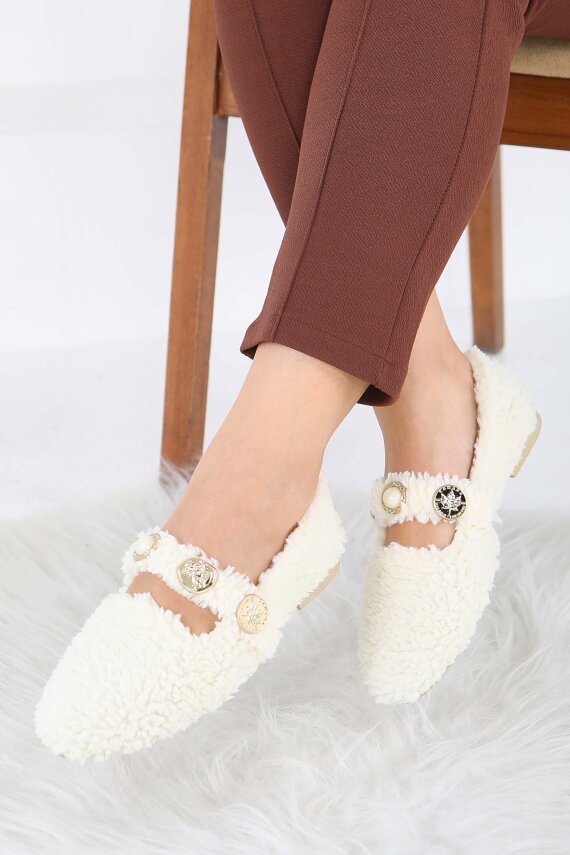 Kadın Ekru İnci Ve Tuğra Detaylı Peluş Babet - 27911-EKRU - 1