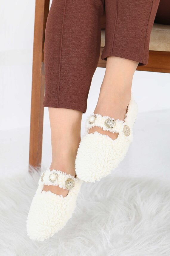 Kadın Ekru İnci Ve Tuğra Detaylı Peluş Babet - 27911-EKRU - 2