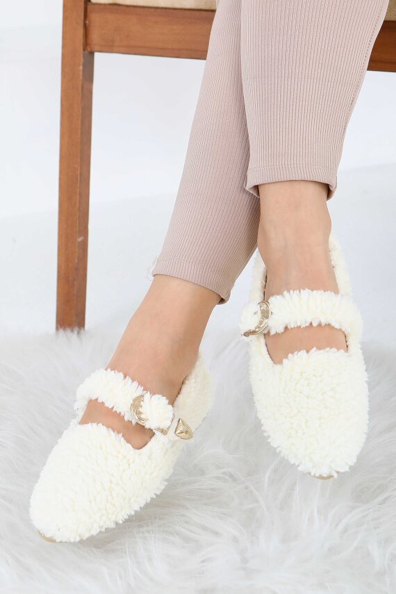 Kadın Ekru Kemer Detaylı Peluş Babet - 27910-EKRU - 1