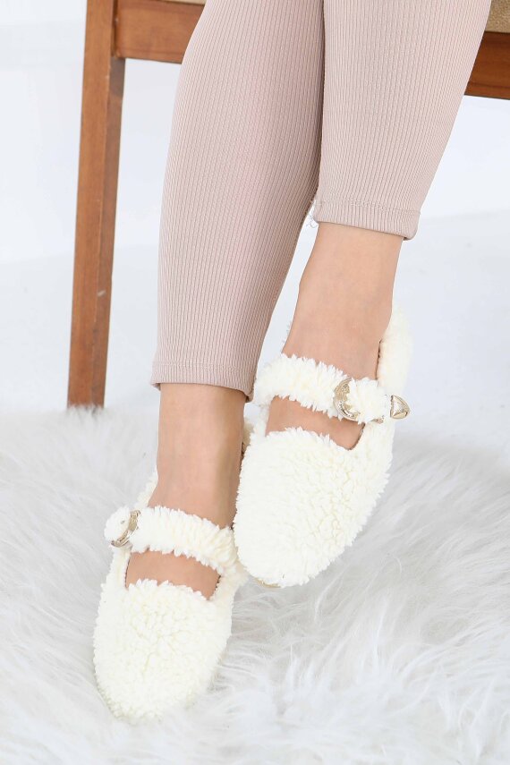 Kadın Ekru Kemer Detaylı Peluş Babet - 27910-EKRU - 3