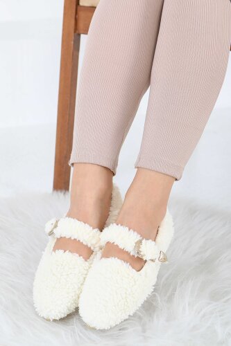 Kadın Ekru Kemer Detaylı Peluş Babet - 27910-EKRU - 2