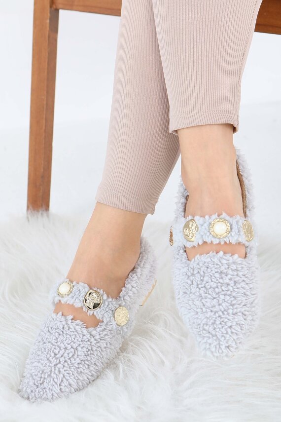 Kadın Gri İnci Ve Tuğra Detaylı Peluş Babet - 27911-GRI - 1