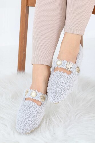 Kadın Gri İnci Ve Tuğra Detaylı Peluş Babet - 27911-GRI - 2