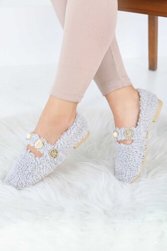 Kadın Gri İnci Ve Tuğra Detaylı Peluş Babet - 27911-GRI - 3