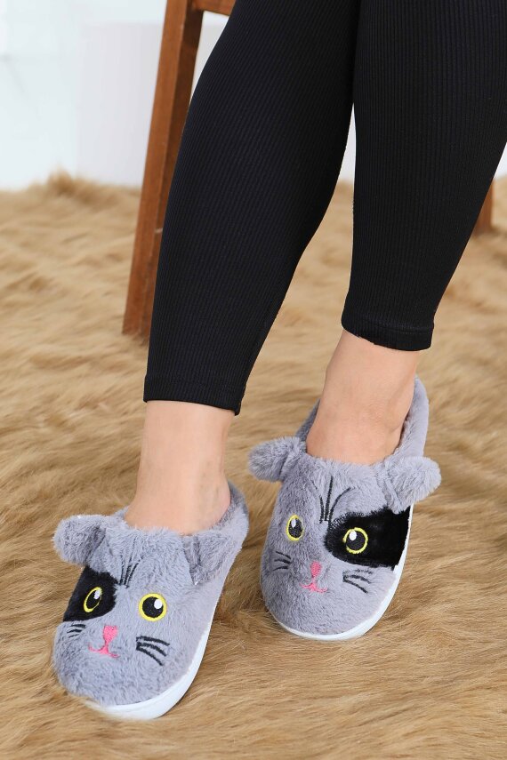 Kadın Gri Kedi İşleme Detaylı Ev Terliği - 27778-GRI - 1