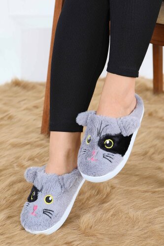 Kadın Gri Kedi İşleme Detaylı Ev Terliği - 27778-GRI - 2