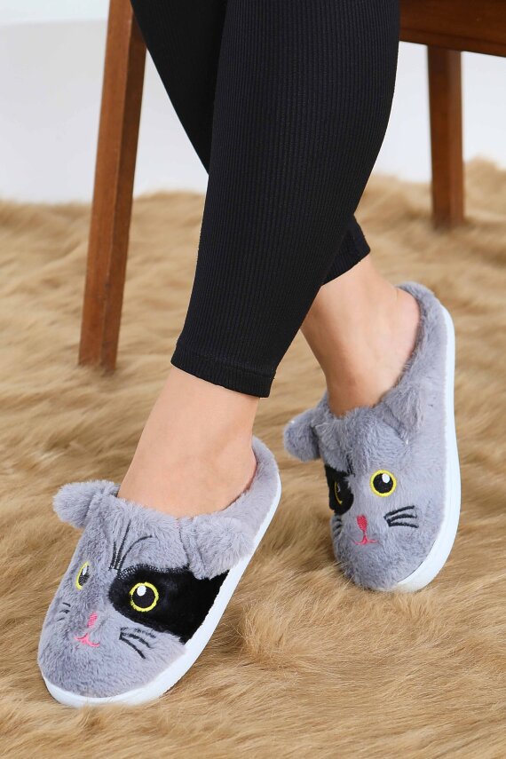 Kadın Gri Kedi İşleme Detaylı Ev Terliği - 27778-GRI - 3