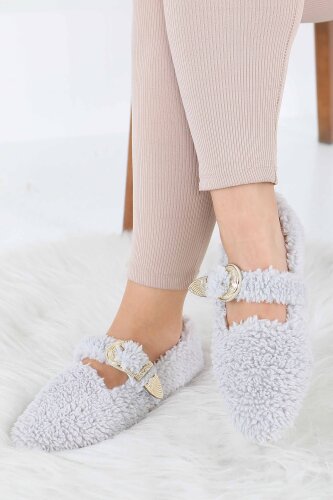 Kadın Gri Kemer Detaylı Peluş Babet - 27910-GRI