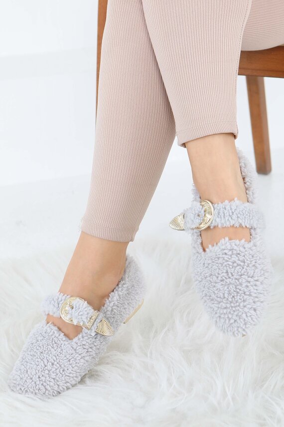 Kadın Gri Kemer Detaylı Peluş Babet - 27910-GRI - 3