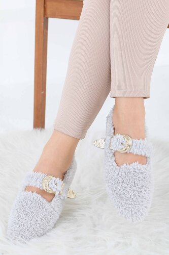 Kadın Gri Kemer Detaylı Peluş Babet - 27910-GRI - 4