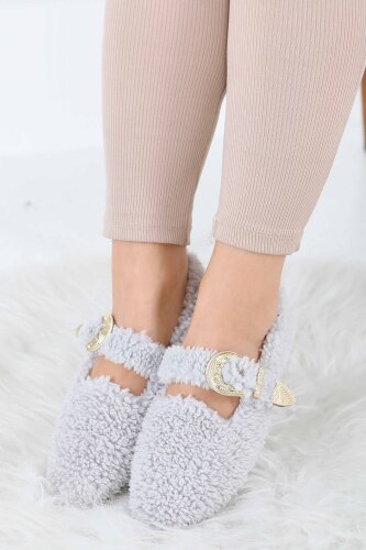 Kadın Gri Kemer Detaylı Peluş Babet - 27910-GRI - 2