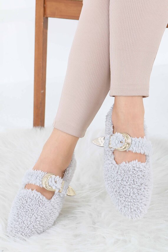 Kadın Gri Kemer Detaylı Peluş Babet - 27910-GRI - 4