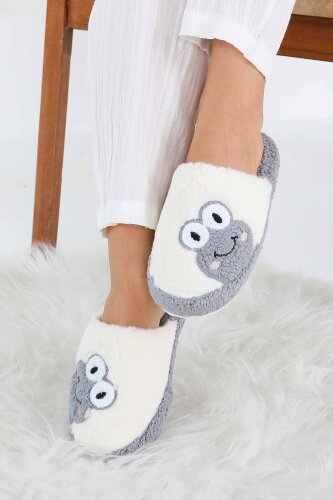 Kadın Gri Kurbağa İşlemeli Ev Terliği - 27779-GRI