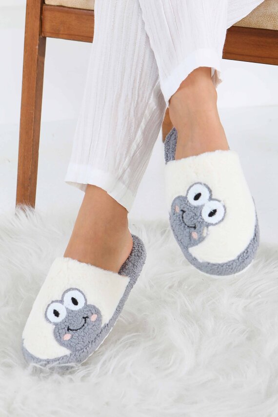 Kadın Gri Kurbağa İşlemeli Ev Terliği - 27779-GRI - 2